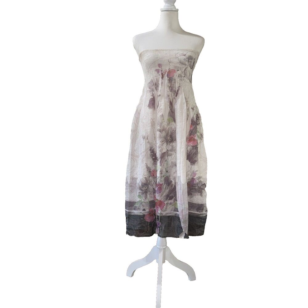 Lapis One Size Floral Strapless Smocked Tube Midi Dress Maxi Skirt 2 Way Boho - Picture 2 of 14